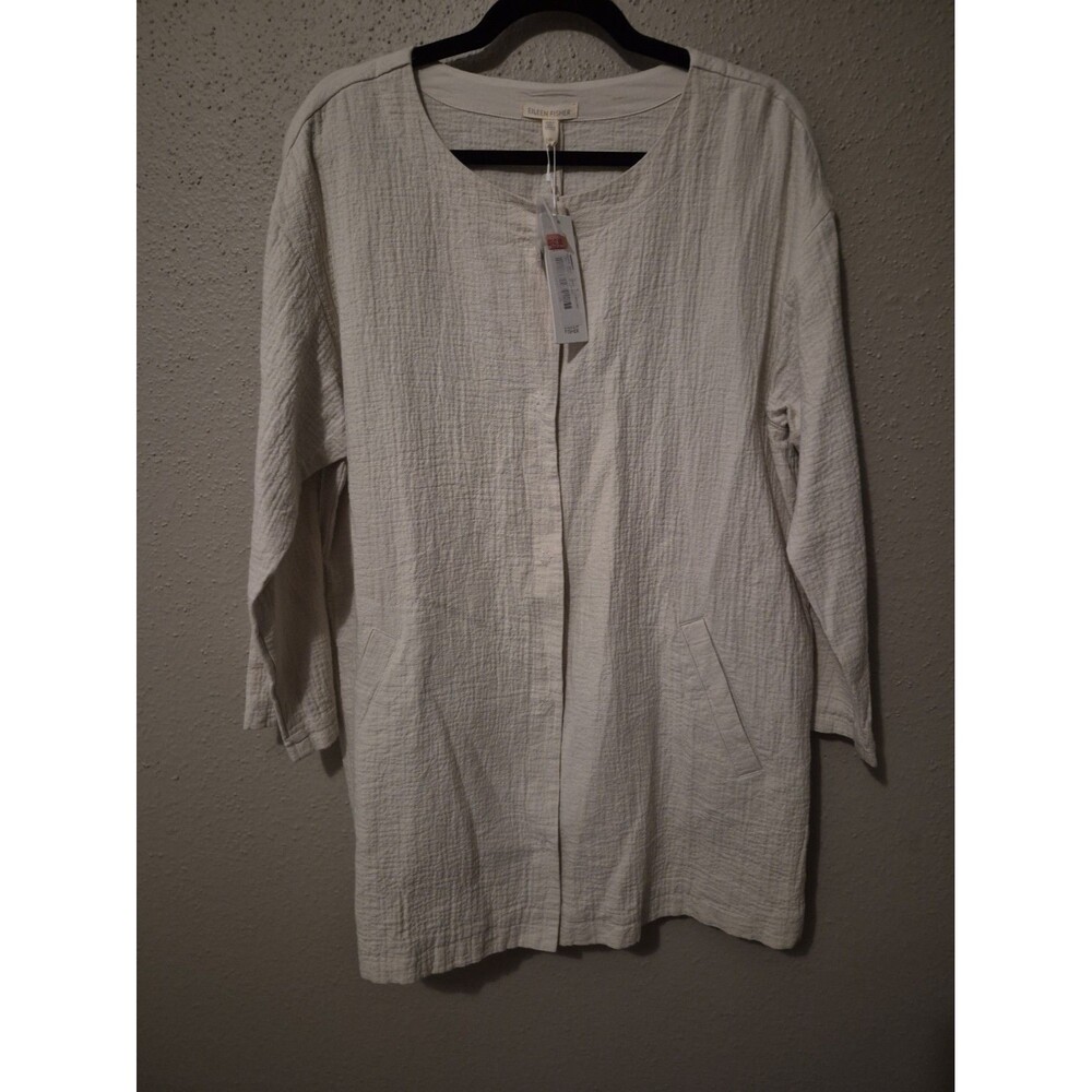 Eileen Fisher Ivory Linen Organic Cotton Jacket Womens L Snaps Pockets Lagenlook